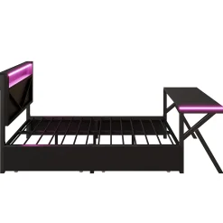 ModernLuxe Lit double en métal 140x200cm - avec tête de lit LED - 2 tiroirs et bureau avec éclairage LED - Noir (Matelas non inclus)