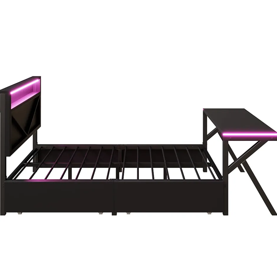 ModernLuxe Lit double en métal 140x200cm - avec tête de lit LED - 2 tiroirs et bureau avec éclairage LED - Noir (Matelas non inclus)