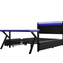 ModernLuxe Lit double en métal 140x200cm - avec tête de lit LED - 2 tiroirs et bureau avec éclairage LED - Noir (Matelas non inclus)