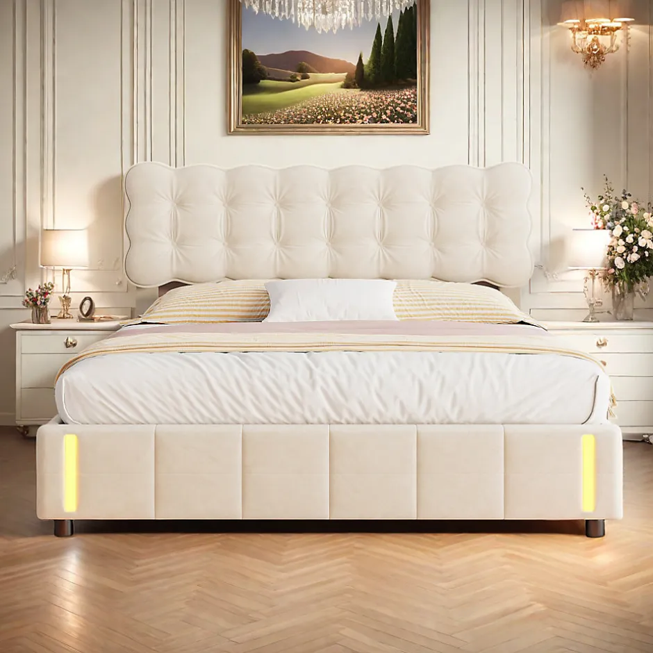 ProximaX Lit double en velours beige 160x200cm avec rangement hydraulique et lampe sensorielle au pied, confort moderne et lumineux