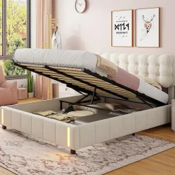 ProximaX Lit double en velours beige 160x200cm avec rangement hydraulique et lampe sensorielle au pied, confort moderne et lumineux