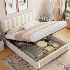 ProximaX Lit double en velours beige 160x200cm avec rangement hydraulique et lampe sensorielle au pied, confort moderne et lumineux