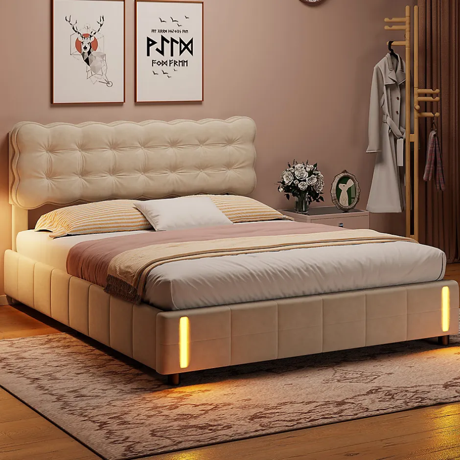 ProximaX Lit double en velours beige 160x200cm avec rangement hydraulique et lampe sensorielle au pied, confort moderne et lumineux