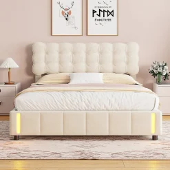 ProximaX Lit double en velours beige 160x200cm avec rangement hydraulique et lampe sensorielle au pied, confort moderne et lumineux