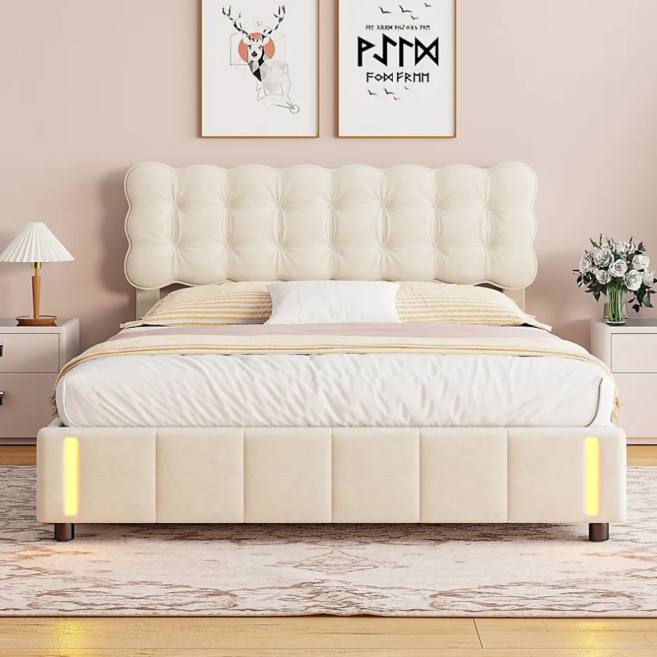 ProximaX Lit double en velours beige 160x200cm avec rangement hydraulique et lampe sensorielle au pied, confort moderne et lumineux