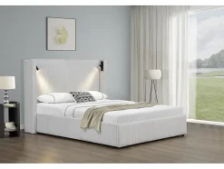 Palozi Home Lit double en velours côtelé avec coffre et lampe intégré "Cortina" 140 x 190 cm Beige