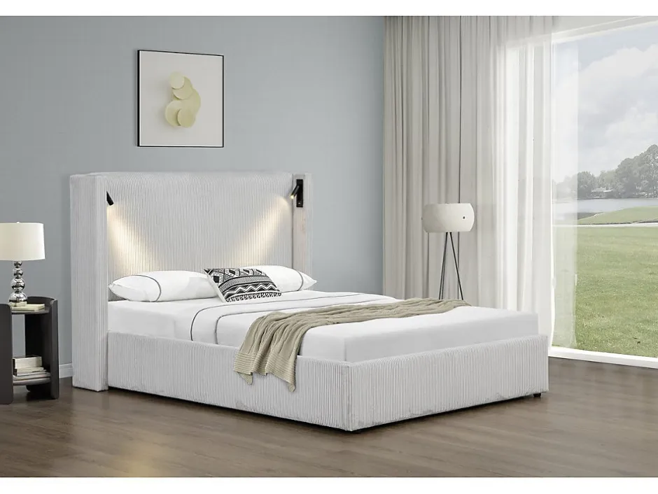 Palozi Home Lit double en velours côtelé avec coffre et lampe intégré "Cortina" 140 x 190 cm Beige