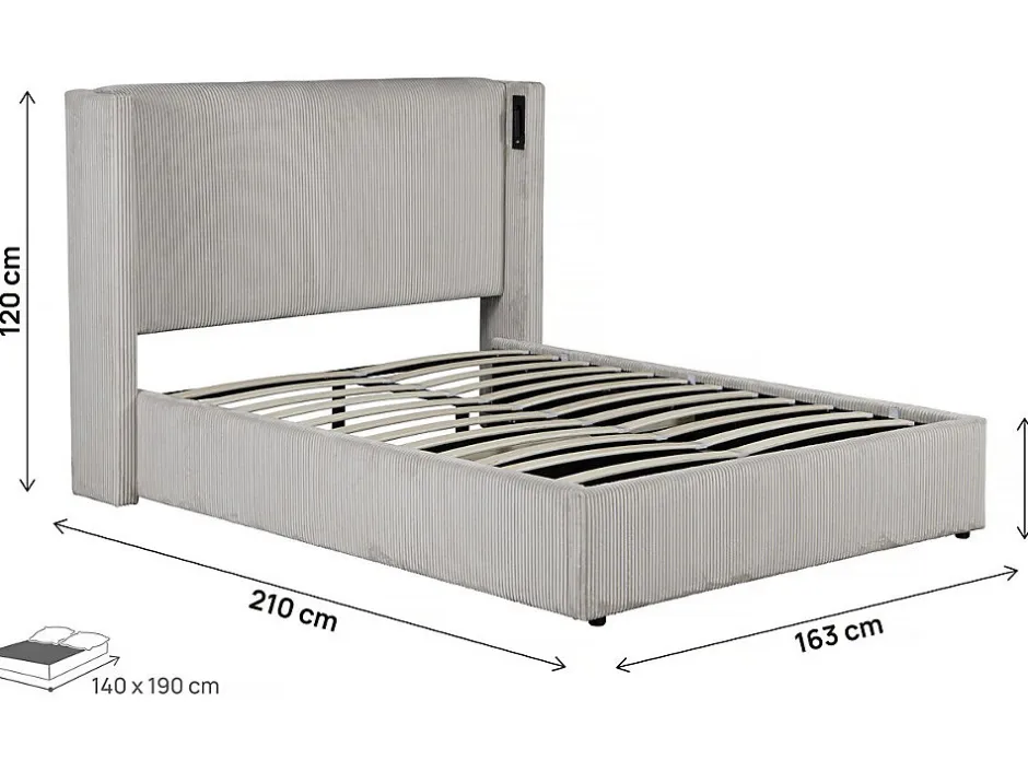 Palozi Home Lit double en velours côtelé avec coffre et lampe intégré "Cortina" 140 x 190 cm Beige