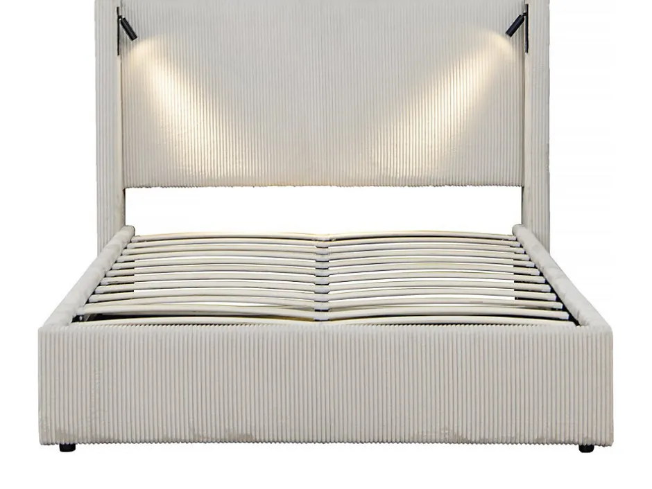 Palozi Home Lit double en velours côtelé avec coffre et lampe intégré "Cortina" 140 x 190 cm Beige