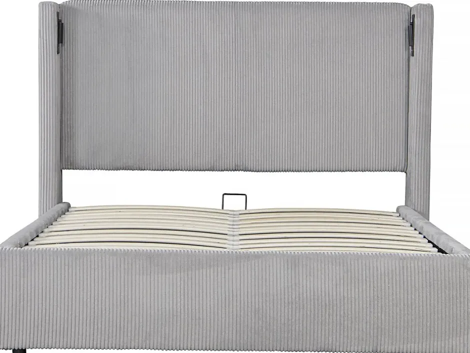 Palozi Home Lit double en velours côtelé avec coffre et lampe intégré "Cortina" 140 x 190 cm Gris New