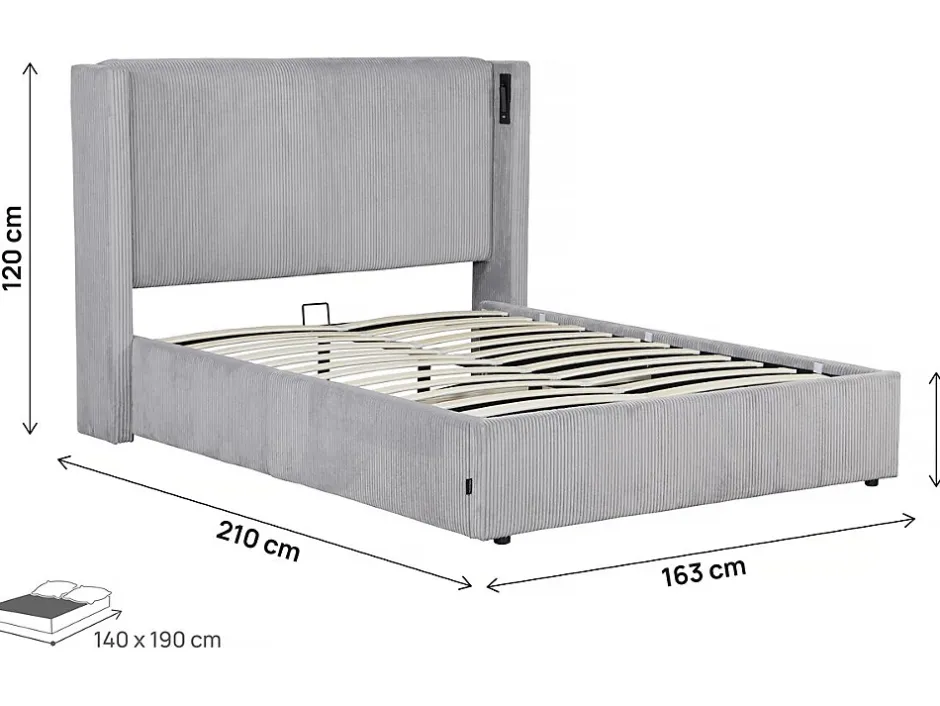 Palozi Home Lit double en velours côtelé avec coffre et lampe intégré "Cortina" 140 x 190 cm Gris New