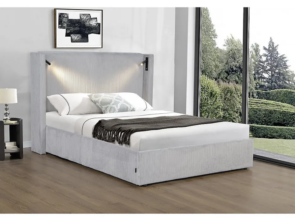 Palozi Home Lit double en velours côtelé avec coffre et lampe intégré "Cortina" 140 x 190 cm Gris New