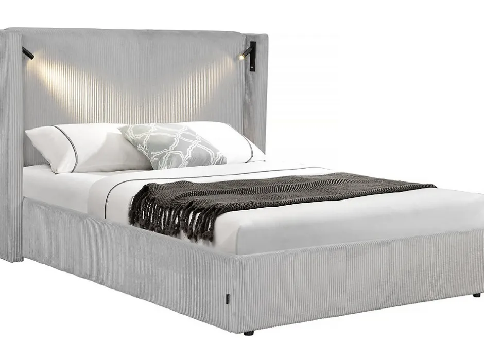 Palozi Home Lit double en velours côtelé avec coffre et lampe intégré "Cortina" 160 x 200 cm Gris