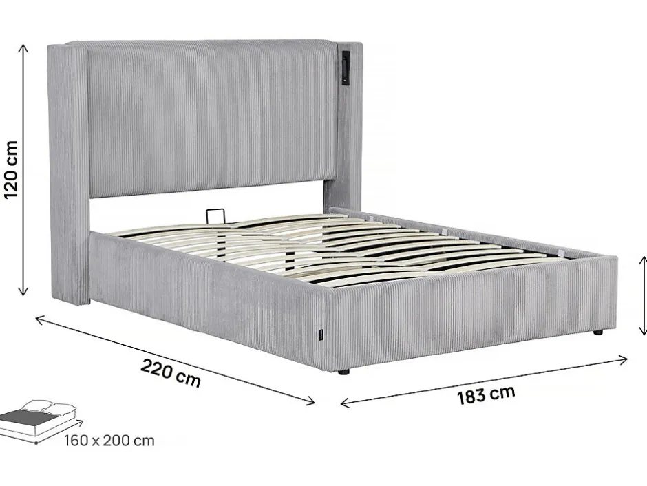 Palozi Home Lit double en velours côtelé avec coffre et lampe intégré "Cortina" 160 x 200 cm Gris