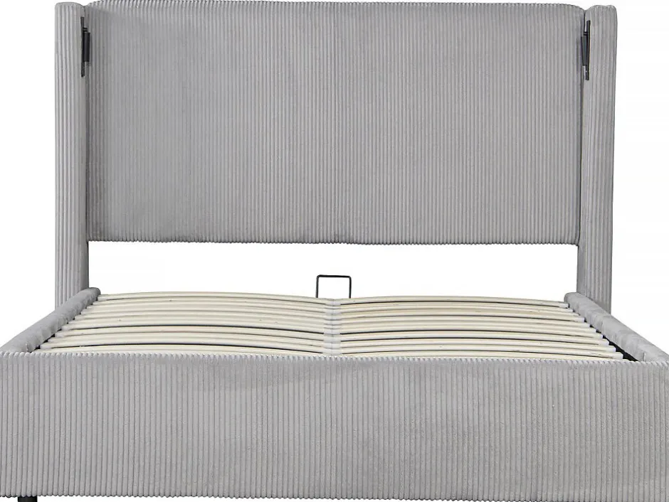 Palozi Home Lit double en velours côtelé avec coffre et lampe intégré "Cortina" 160 x 200 cm Gris