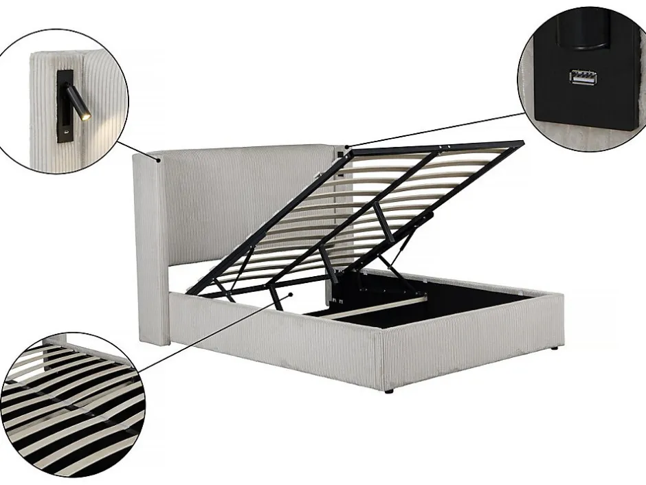 Palozi Home Lit double en velours côtelé avec coffre et lampe intégré "Cortina" 160 x 200 cm Beige Sale