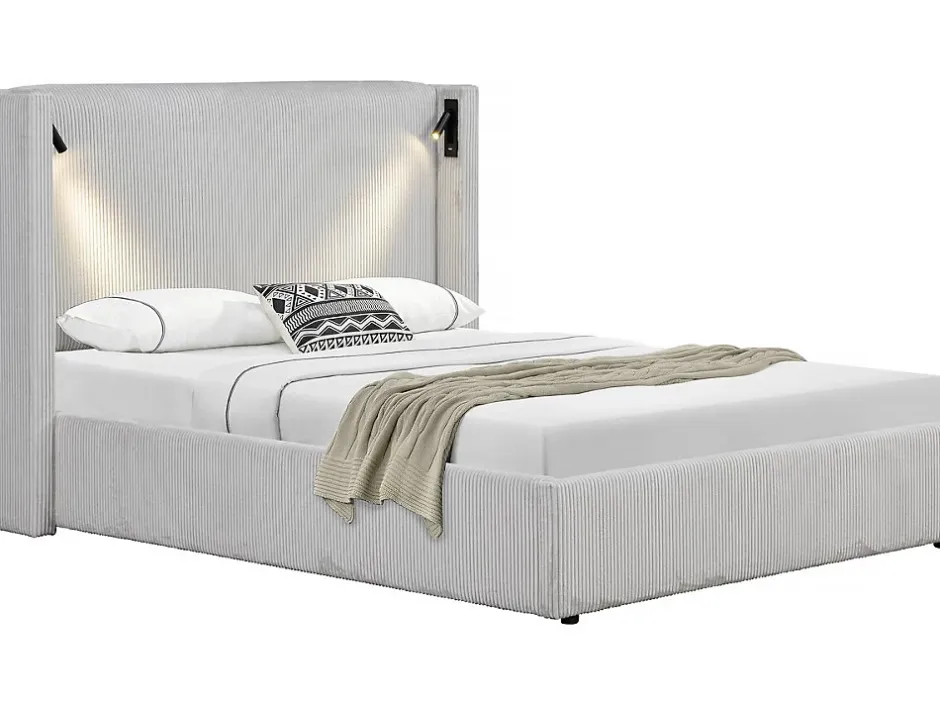 Palozi Home Lit double en velours côtelé avec coffre et lampe intégré "Cortina" 160 x 200 cm Beige Sale