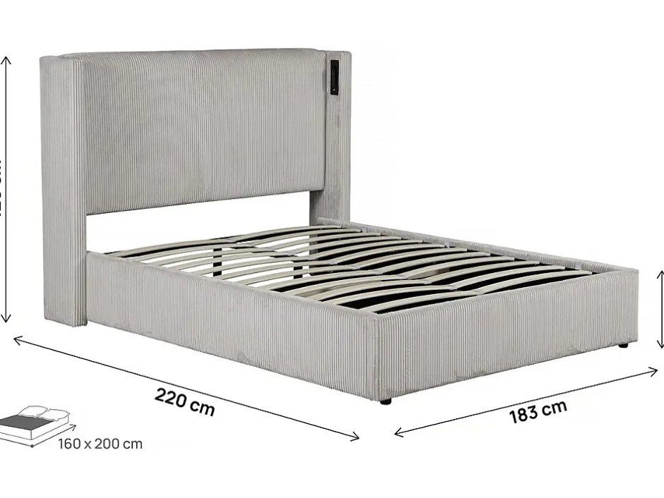 Palozi Home Lit double en velours côtelé avec coffre et lampe intégré "Cortina" 160 x 200 cm Beige Sale