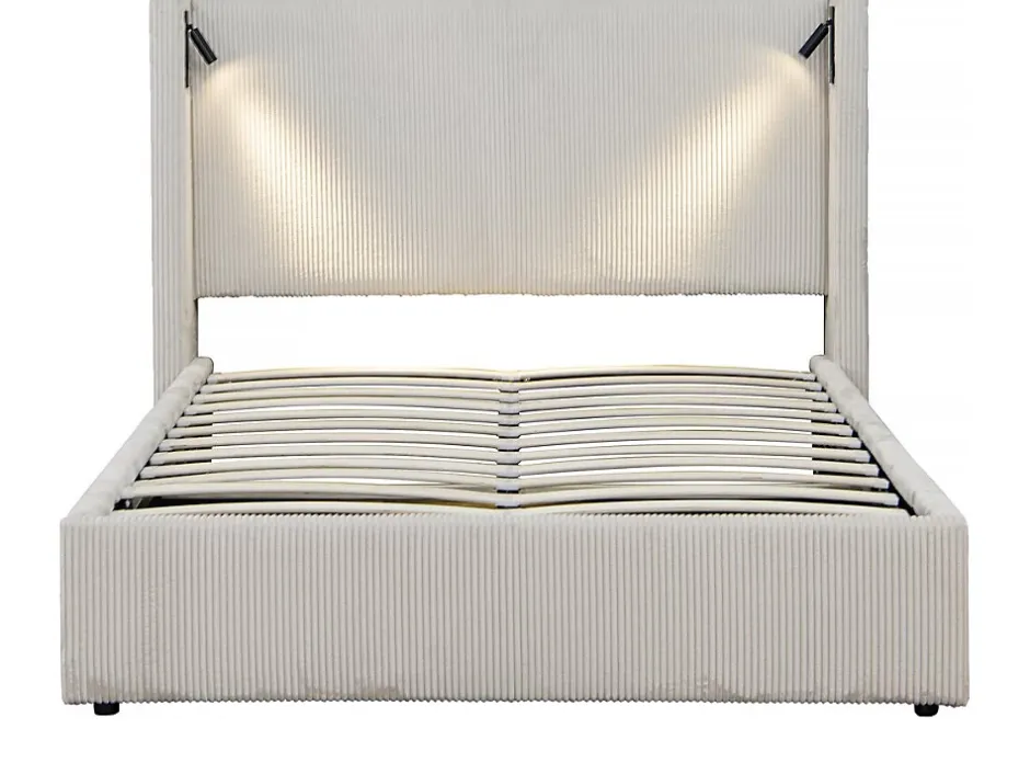 Palozi Home Lit double en velours côtelé avec coffre et lampe intégré "Cortina" 160 x 200 cm Beige Sale