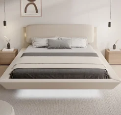 Design Ameublement Lit double flottant - Cadre bois recouvert lin beige - LED intégrée, ports USB - 2 places - 160x200 cm Discount