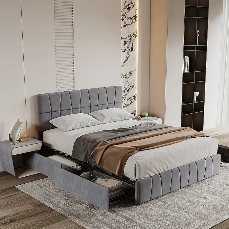 ProximaX Lit double gris 160 x 200 cm, velours, cadre de lit avec 4 tiroirs, sans matelas
