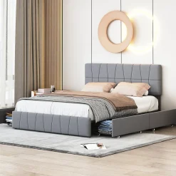 ProximaX Lit double gris 160 x 200 cm, velours, cadre de lit avec 4 tiroirs, sans matelas