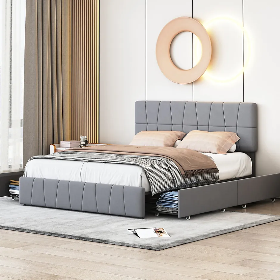 ProximaX Lit double gris 160 x 200 cm, velours, cadre de lit avec 4 tiroirs, sans matelas