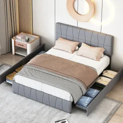 ProximaX Lit double gris 160 x 200 cm, velours, cadre de lit avec 4 tiroirs, sans matelas