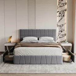 ProximaX Lit double gris 160 x 200 cm, velours, cadre de lit avec 4 tiroirs, sans matelas