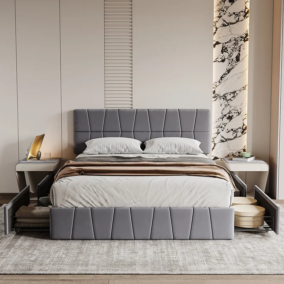 ProximaX Lit double gris 160 x 200 cm, velours, cadre de lit avec 4 tiroirs, sans matelas