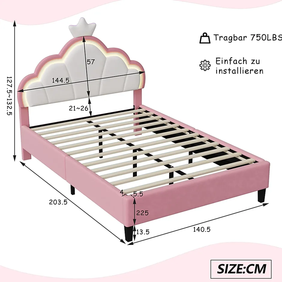 Simple Life Lit double Lit adulte 140 x 200 cm avec bande lumineuse LED, en cuir PU, rose Sale