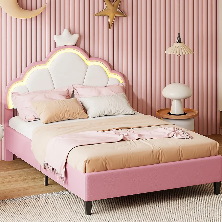 Simple Life Lit double Lit adulte 140 x 200 cm avec bande lumineuse LED, en cuir PU, rose Sale