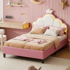 Simple Life Lit double Lit adulte 140 x 200 cm avec bande lumineuse LED, en cuir PU, rose Sale