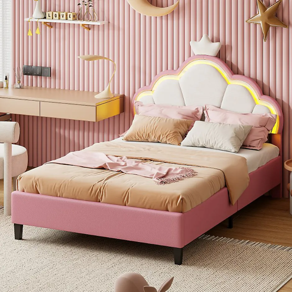 Simple Life Lit double Lit adulte 90 x 200 cm avec bande lumineuse LED, en cuir PU, rose Online