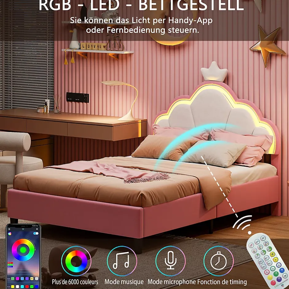 Simple Life Lit double Lit adulte 90 x 200 cm avec bande lumineuse LED, en cuir PU, rose Online