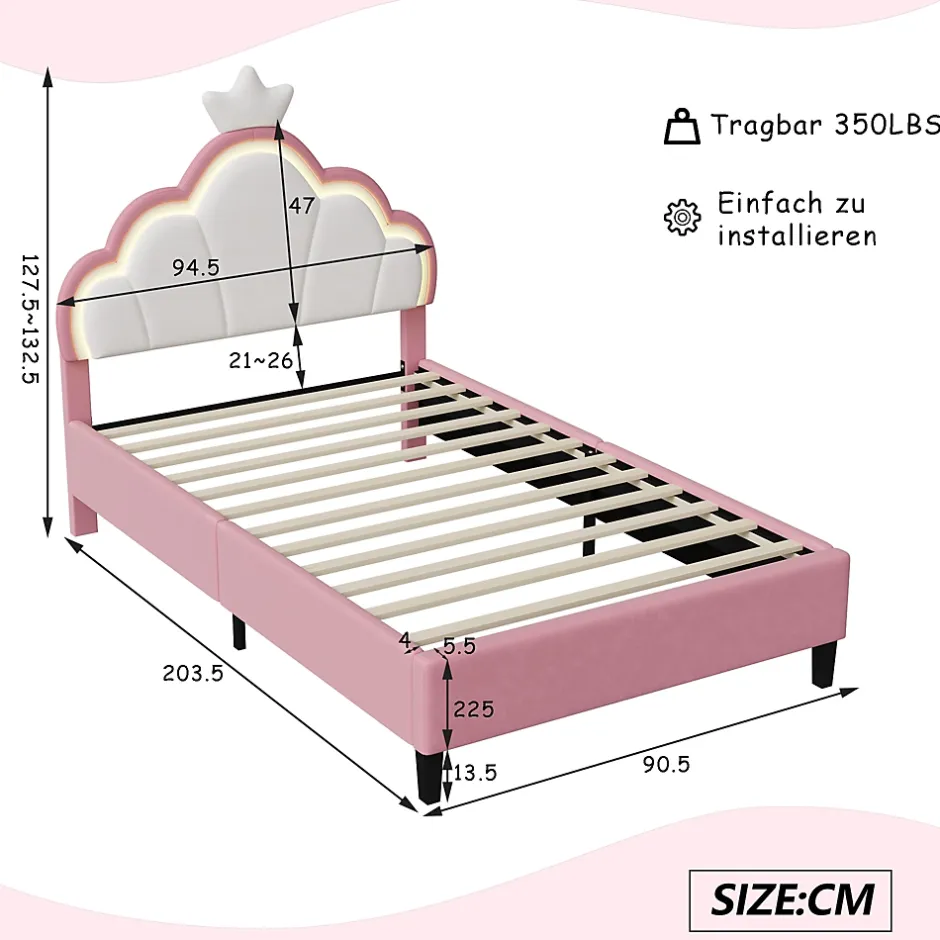 Simple Life Lit double Lit adulte 90 x 200 cm avec bande lumineuse LED, en cuir PU, rose Online