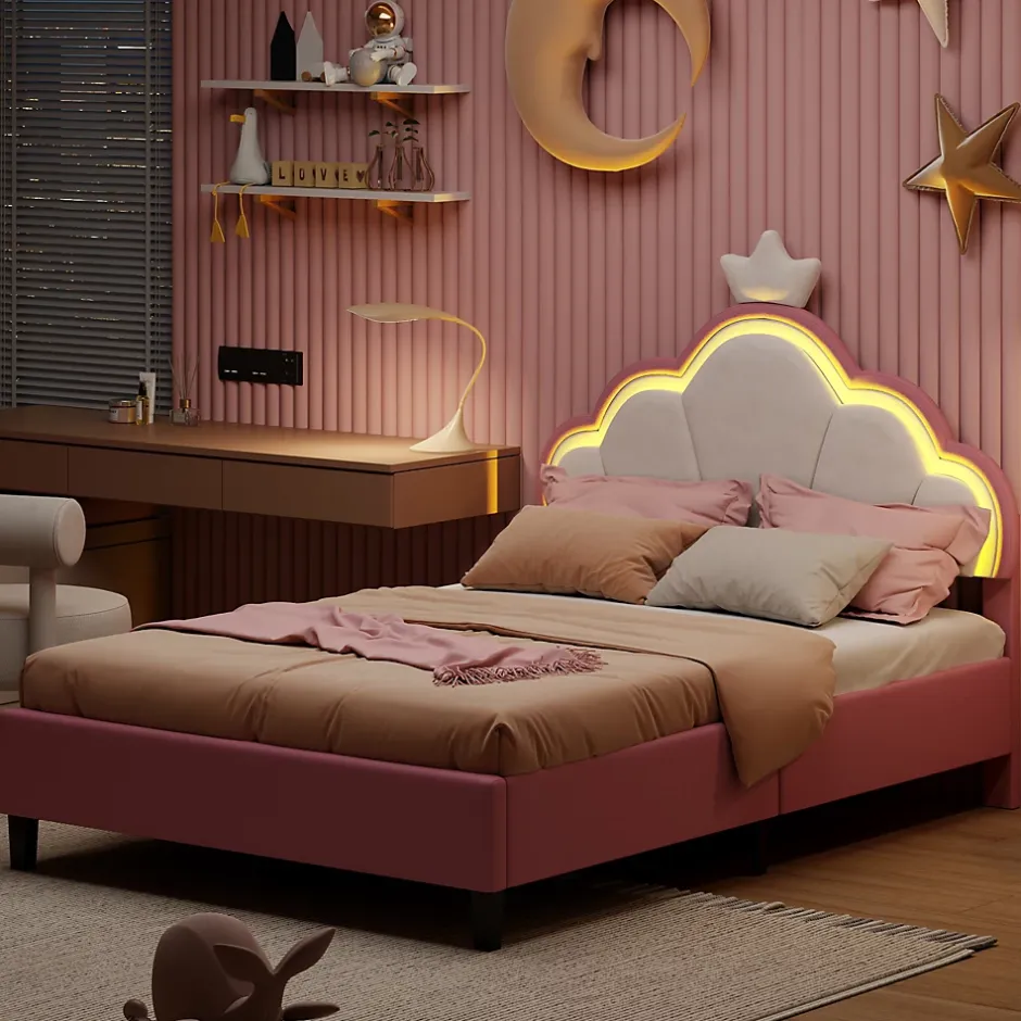Simple Life Lit double Lit adulte 90 x 200 cm avec bande lumineuse LED, en cuir PU, rose Online