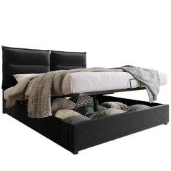 Gutent Lit double lit rembourré hydraulique 140x200cm, lit de rangement avec sommier à lattes métalliques, velours, noir,sans matelas