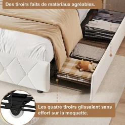 ProximaX Lit double, lit rembourré 90x200 cm en velours avec tiroirs, tête de lit avec USB & USB-C et LED multicolore, Beige Discount