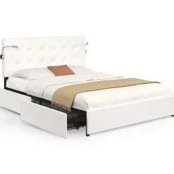 IDMarket Lit double MAEL 140 x 190 cm avec tête de lit capitonnée PVC blanc liseuses intégrées et sommier et 2 tiroirs sur roulettes Sale
