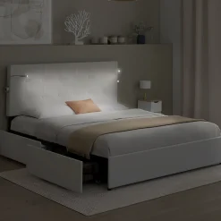 IDMarket Lit double MAEL 140 x 190 cm avec tête de lit capitonnée PVC blanc liseuses intégrées et sommier et 2 tiroirs sur roulettes Sale
