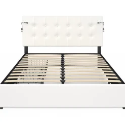 IDMarket Lit double MAEL 140 x 190 cm avec tête de lit capitonnée PVC blanc liseuses intégrées et sommier et 2 tiroirs sur roulettes Sale