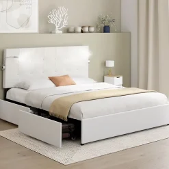 IDMarket Lit double MAEL 140 x 190 cm avec tête de lit capitonnée PVC blanc liseuses intégrées et sommier et 2 tiroirs sur roulettes Sale