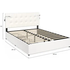 IDMarket Lit double MAEL 140 x 190 cm avec tête de lit capitonnée PVC blanc liseuses intégrées et sommier et 2 tiroirs sur roulettes Sale