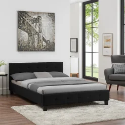 Idimex Lit double MATHIEU, 140 x 190 cm, capitonné avec sommier, revêtement en tissu noir