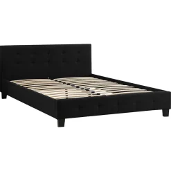 Idimex Lit double MATHIEU, 140 x 190 cm, capitonné avec sommier, revêtement en tissu noir