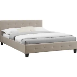 Idimex Lit double MATHIEU, 140 x 190 cm, capitonné avec sommier, revêtement en tissu beige