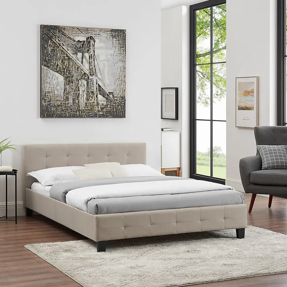 Idimex Lit double MATHIEU, 140 x 190 cm, capitonné avec sommier, revêtement en tissu beige