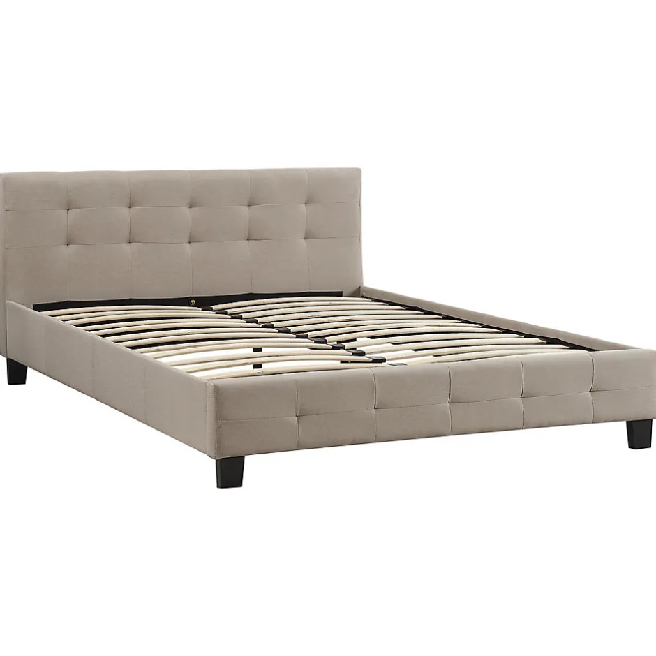 Idimex Lit double MATHIEU, 140 x 190 cm, capitonné avec sommier, revêtement en tissu beige
