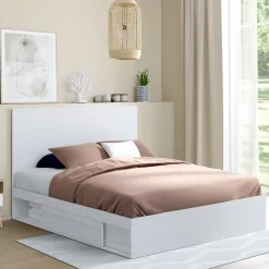 IDMarket Lit double MELSA avec rangements tête de lit et sommier 140 x 190 cm blanc Clearance